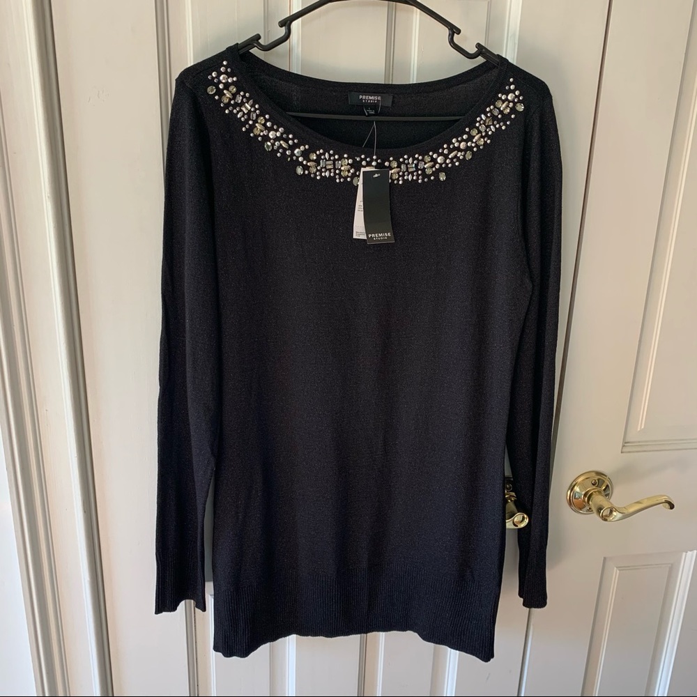 NWT PREMISE STUDIO Beaded Black Sweater Size L